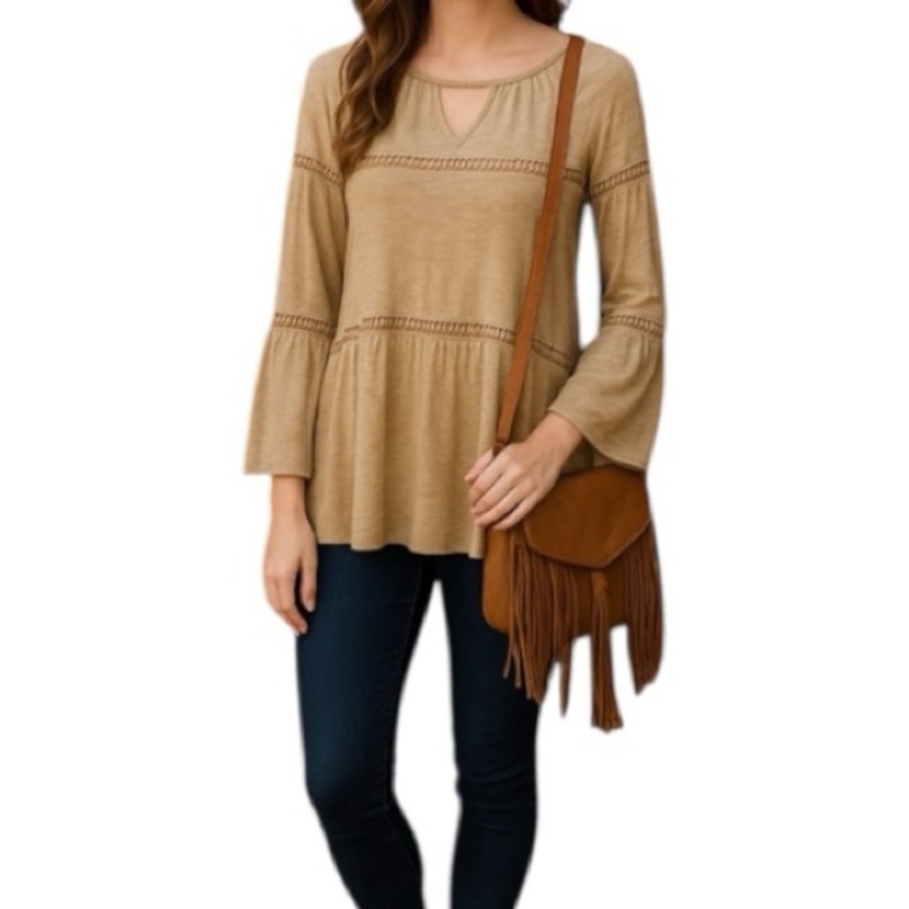 Boho Peasant Tunic Top‎ – Sz S Beige Crochet Trim, Long Flowy Bell Sleeves